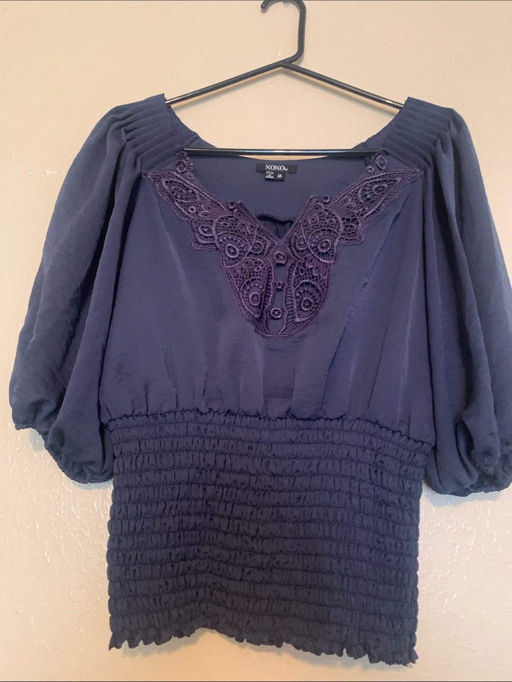 XOXO Navy Crochet-Trim Smocked Peasant Blouse (M)